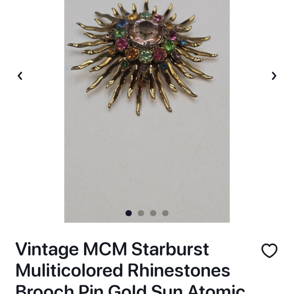 MCM Gold Sunburst Brooch with Multicolored Rhinestones